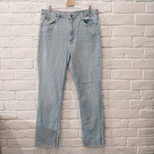Zara Straight Jeans Women 12 Blue Light Wash High Waist Wide Leg Frayed Hem Slit